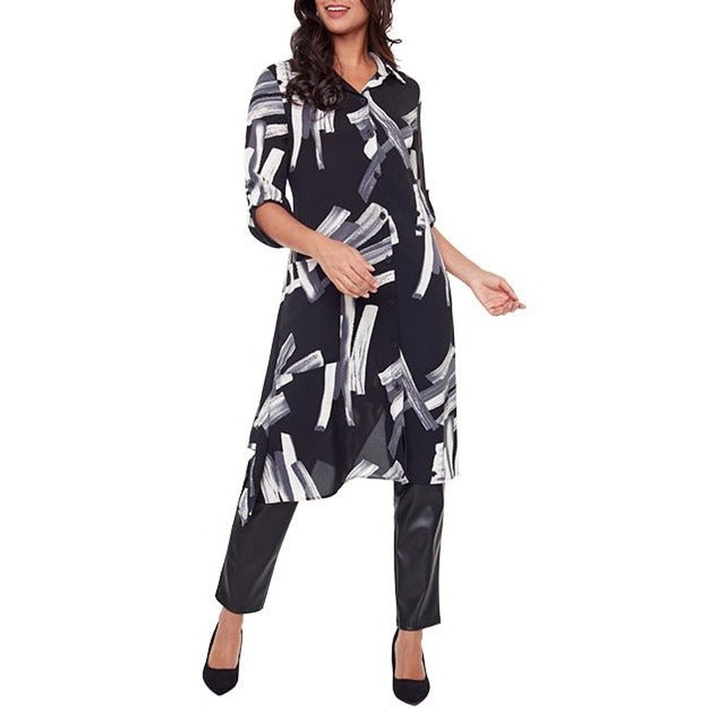 Compli-K Women's Duster Dress Size S Black White Brush Stroke 3/4 Sleeve NWT